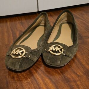Michael Kors Dark Green Suede Flats with Gold Logo